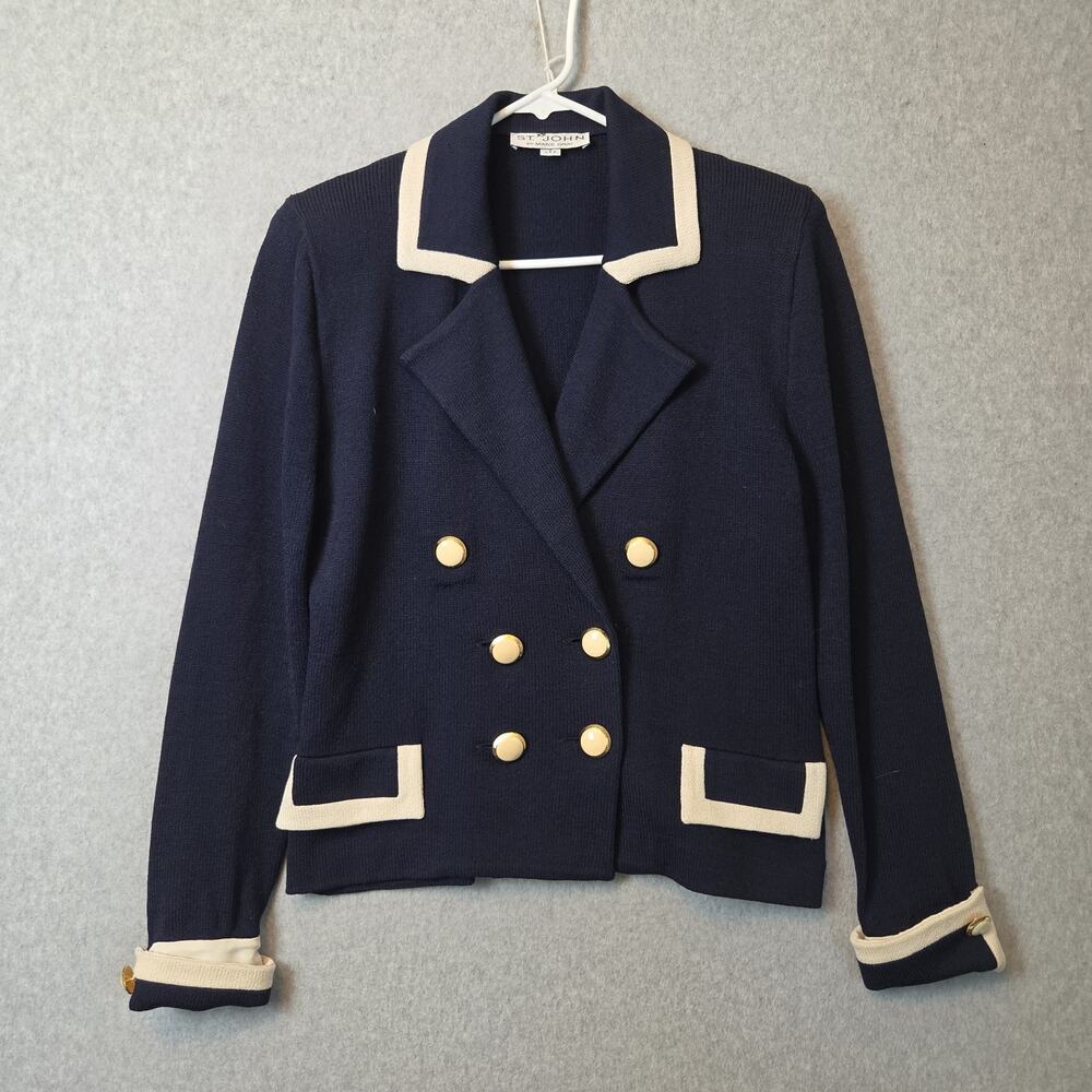 Vintage St. John Wool Navy LS Button Up Knit Double Breasted Blazer Women's 6
